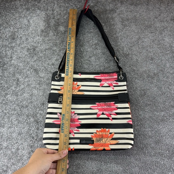 Sakroots Artist Crossbody Shoulder Satchel Bag Purse Striped Black White Floral - Picture 3 of 10